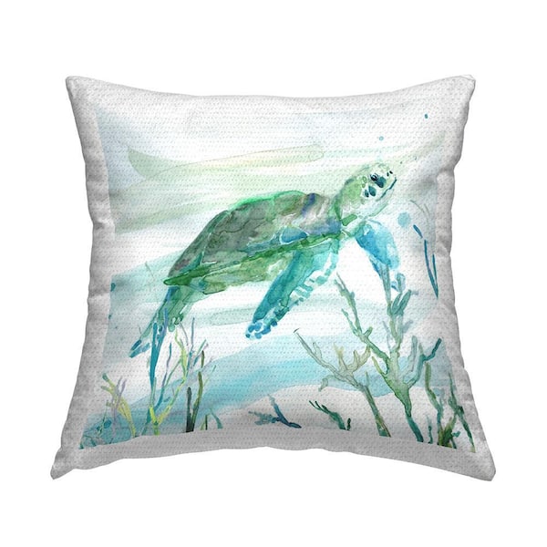 Blue and Green Sea Turtle Blue Square Outdoor Throw Pillow