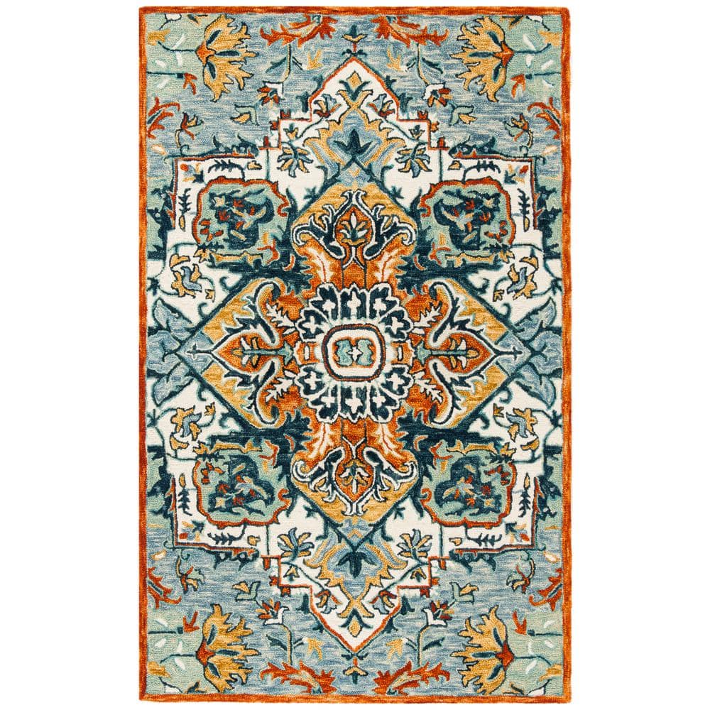 Bohemian Blue Floral Hand-Tufted Wool Rectangular Rug