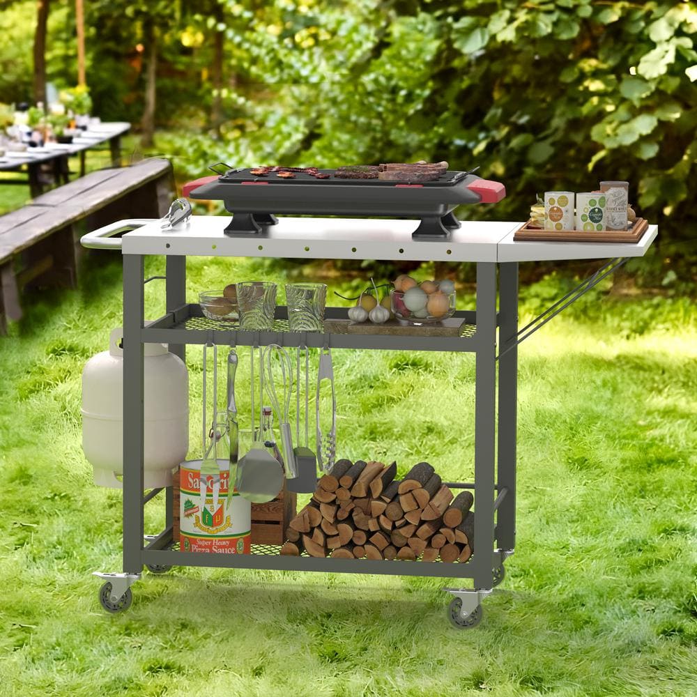 Gray Stainless Steel 3-Tier Foldable Outdoor Grill Cart
