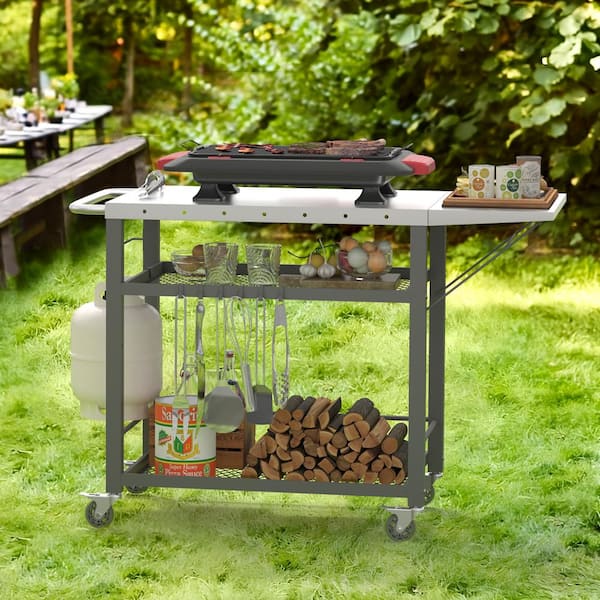 LUE BONA Gray 3-Shelf Movable Outdoor Grill Carts Table Stainless Steel Cart Foldable Flattop Outdoor Working Table