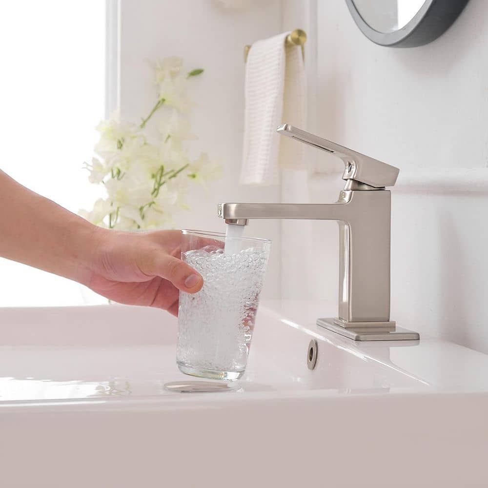 Brushed Nickel Single-Handle Low-Arc Bathroom Faucet with Drain Assembly
