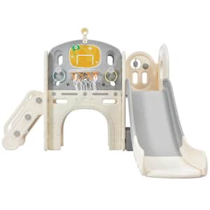 Gray and White Freestanding Castle Climbing Crawling Playset with Slide and Basketball Hoop