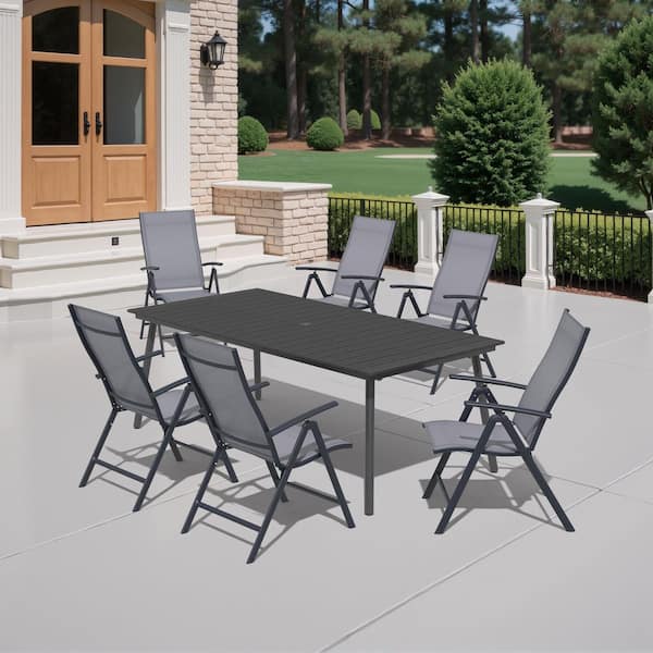 7-Piece Metal Outdoor Dining Set with 70.8 in. Faux Wooden Table in Black and Foldable Chairs in Gray