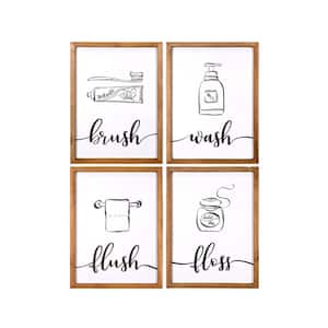"Brush, Wash, Flush, & Floss" 4-Piece . Wood Framed High Gloss Typography Art Print Set 13.75 in. x 12 in.