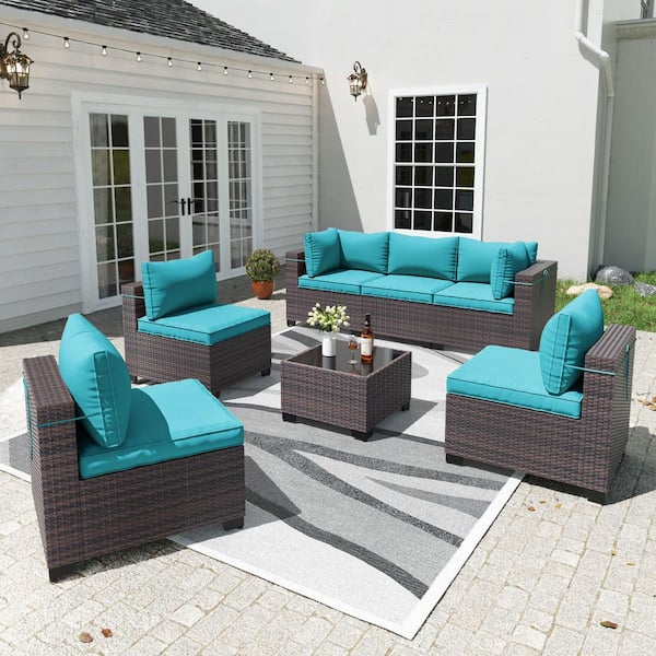 7-Piece Brown Wicker Outdoor Sectional Set with 6-Seats, Adjustable Feetpad and Cushion Turquoise