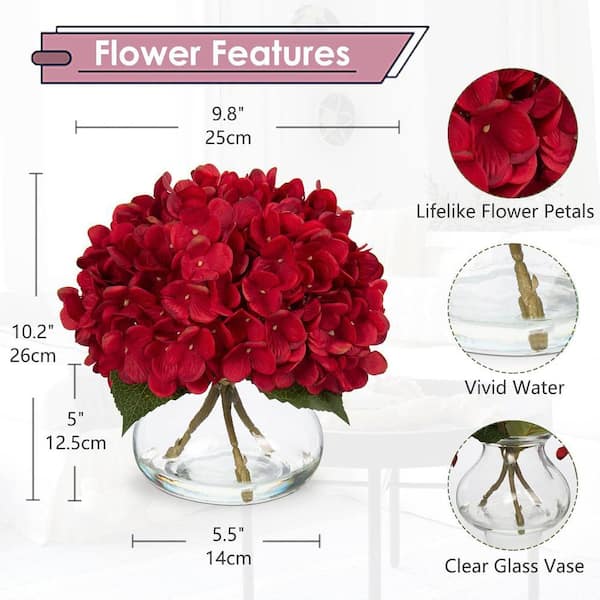 9.5 in. Red Indoor Artificial Hydrangea Flowers in Glass Vase