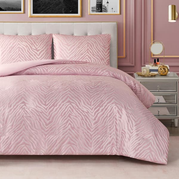 Sparkle Zebra Jacquard 3-Piece Pink Marshmallow Animal Print Microfiber King Comforter Set