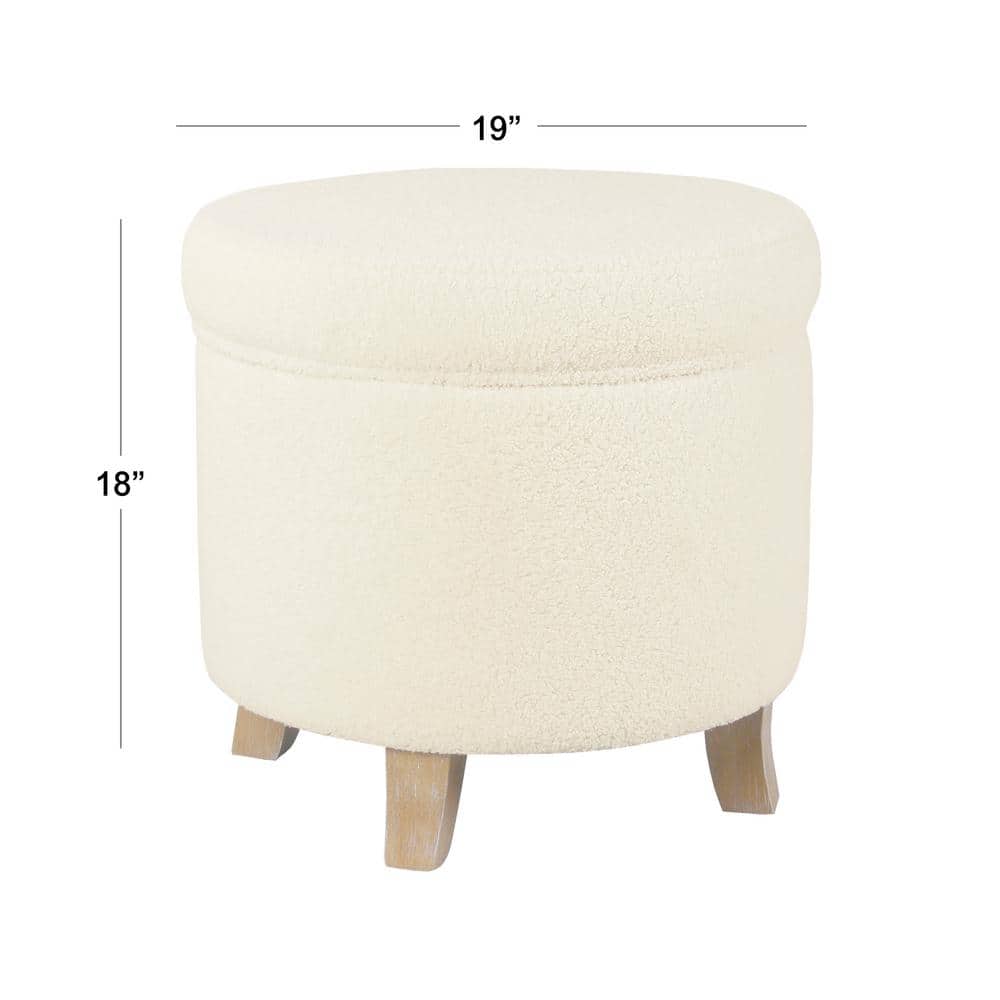 Cream Faux Sheepskin Round Storage Ottoman with Flared Wood Legs
