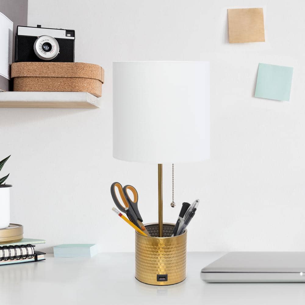 Gold Hammered Metal Nightstand Lamp with White Fabric Shade and USB Port