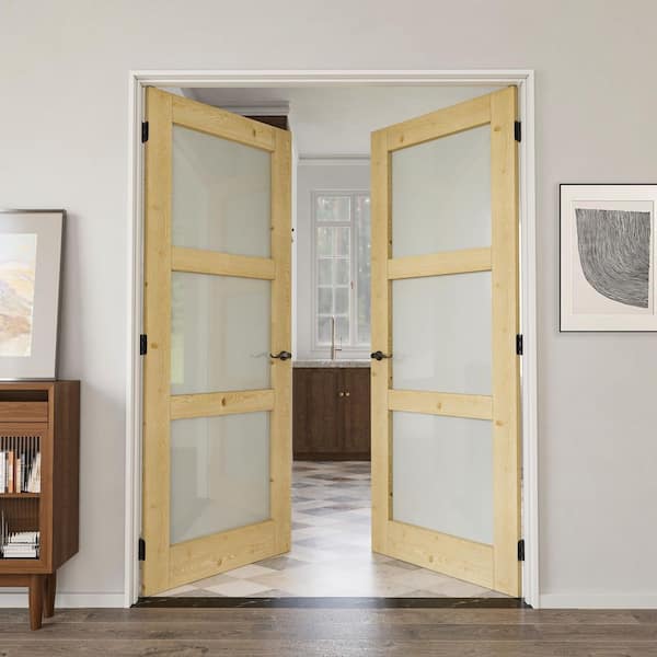 64 in. x 80 in. 3-Lite Frosted Glass Universal Solid Core Wood Double Prehung Interior Door with Quick Assemble Jamb