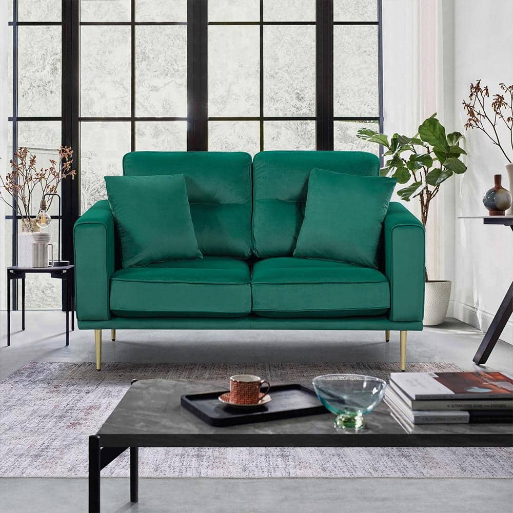 Green Velvet Loveseat with Gold Metal Legs and Track Arms
