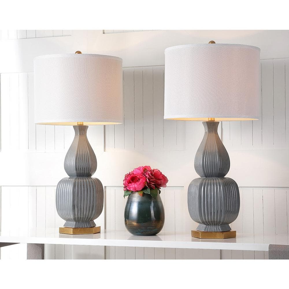 Cleo Gray Ceramic Table Lamp Set with White Shades