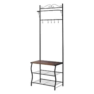 SignatureHome Black Finish Material Wood / Metal Tes Hall Tree With 5 Hooks, Included 2 Shoe Rack and Bench.