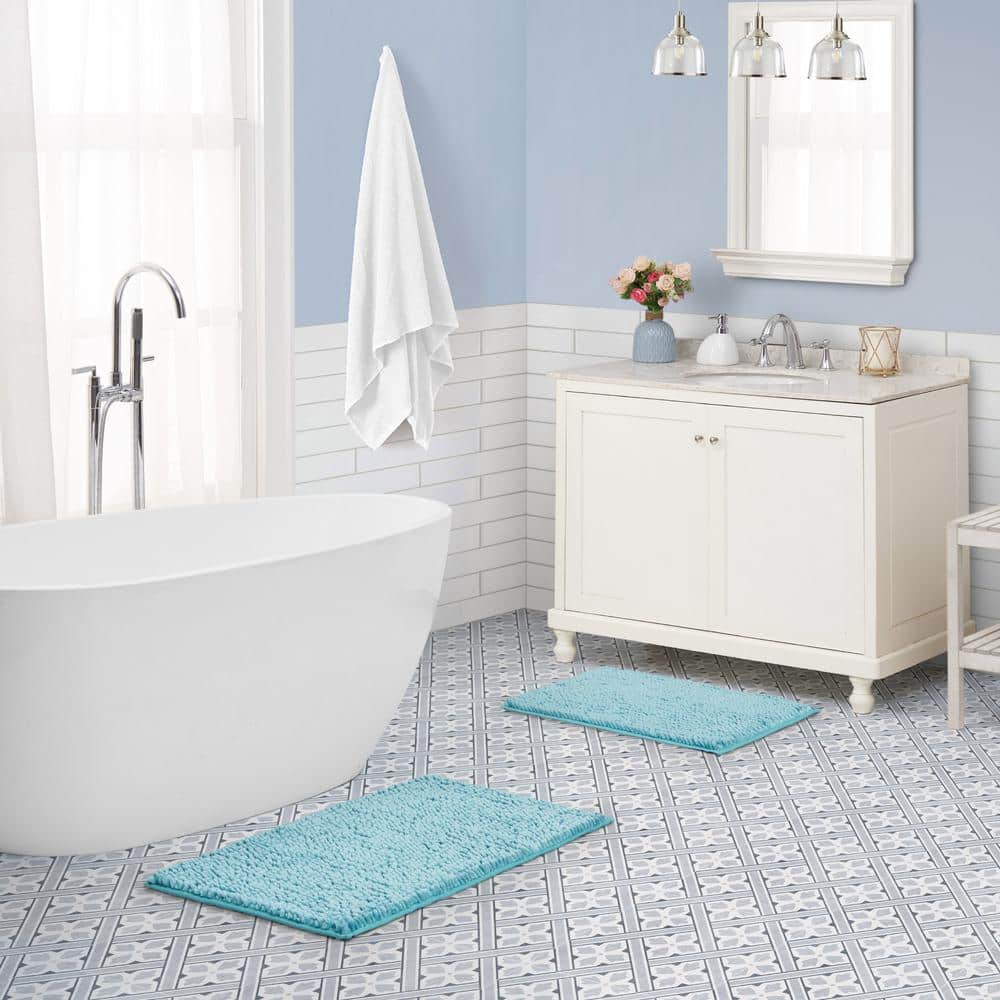 Seaspray Blue Polyester Chenille 2-Piece Bath Mat Set