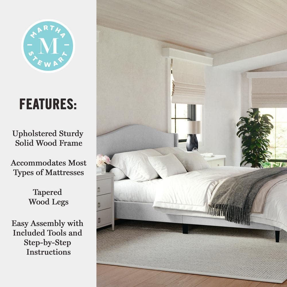 King Gray Linen Upholstered Platform Bed with Curved Headboard