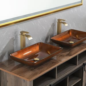 Handmade Glass Rectangle Vessel Bathroom Sink Set in Rich Chocolate Brown Finish with gold Faucet and Pop Up Drain