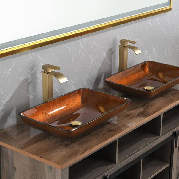 Interbath Handmade Glass Rectangle Vessel Bathroom Sink Set in Rich Chocolate Brown Finish with gold Faucet and Pop Up Drain