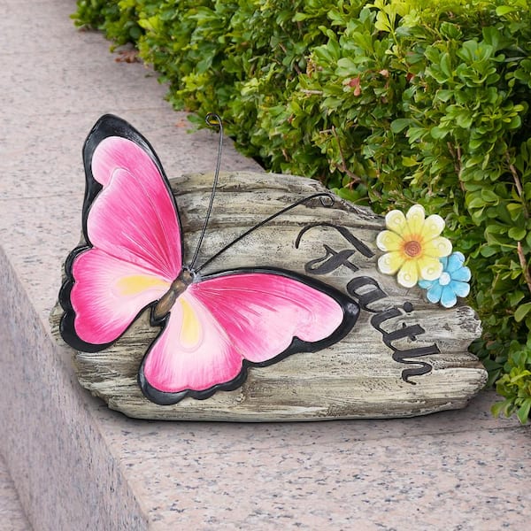 Exhart 11 in. x 8 in. Faith Pink Butterfly Hand Painted Garden