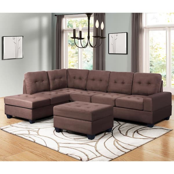 Harper & Bright Designs Brown 3-Piece Microfiber Sectional with Reversible Chaise Lounge Storage Ottoman and Cup Holder