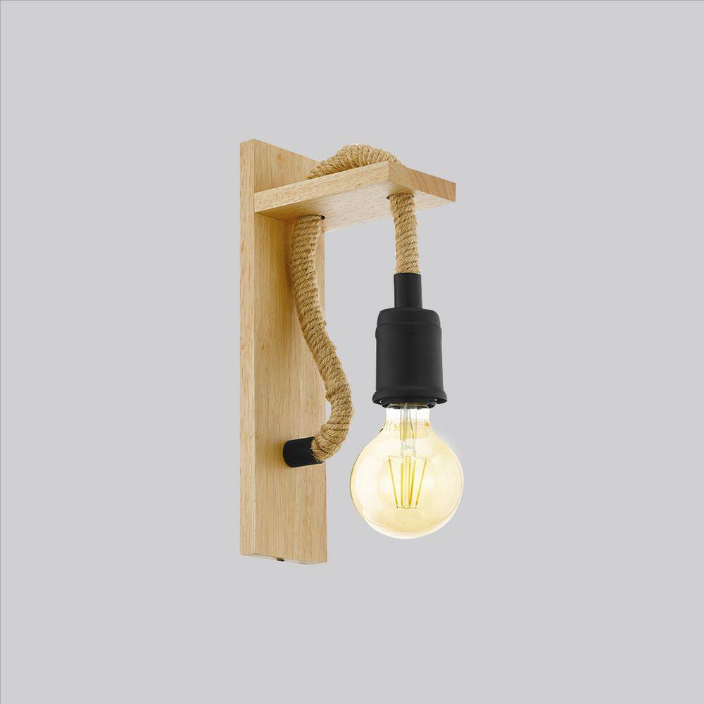 Natural Wood and Black Rope Wall Sconce with Open Bulb