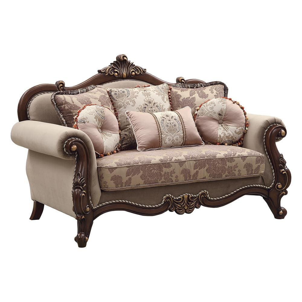 Beige Velvet Floral Rolled Arm Loveseat with Wood Frame