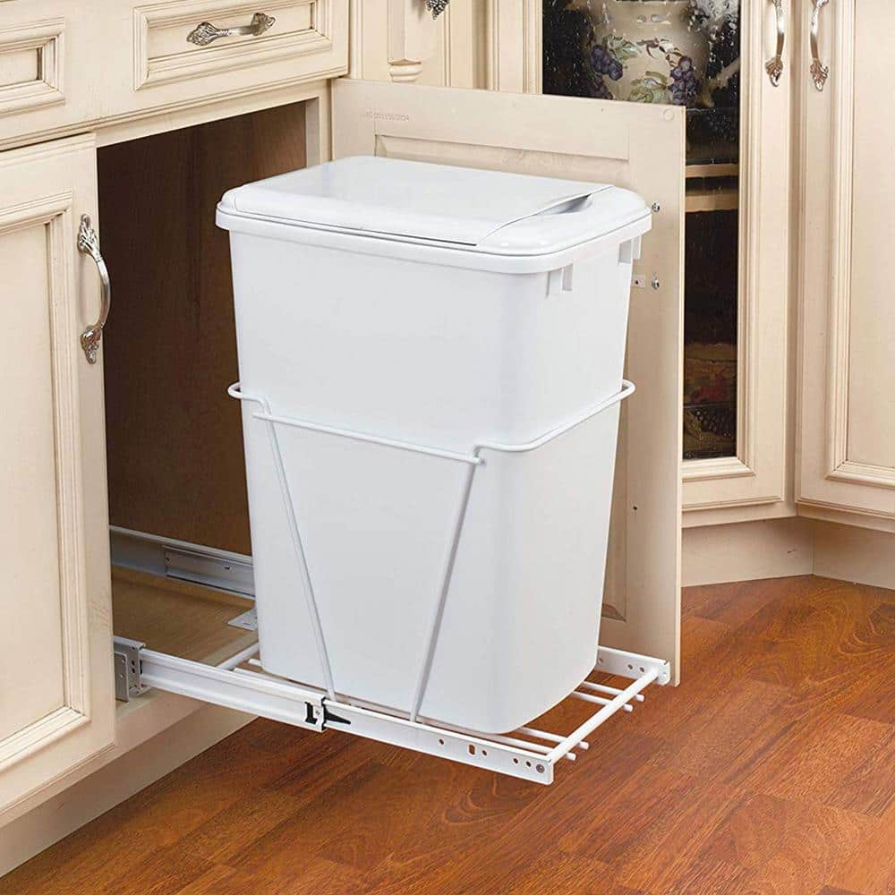 White 35 Quart Pull-Out Trash Can with Sliding Frame