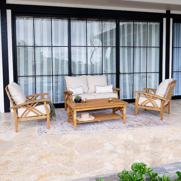 Cambridge Casual Cambridge Casual Carmel 4-Piece Teak Wood Patio Conversation Set with Tan Cushion