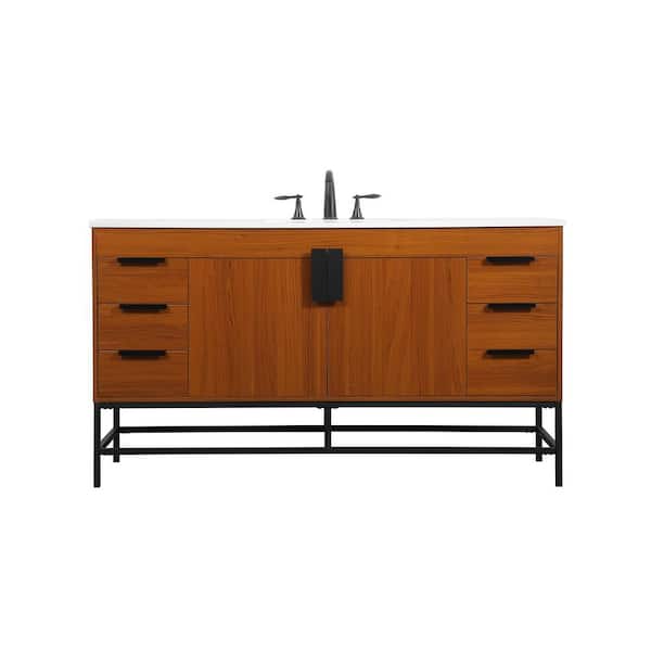 Unbranded Simply Living 60 in. W x 22 in. D x 33.5 in. H Bath Vanity in Teak with Ivory White Engineered Marble Top