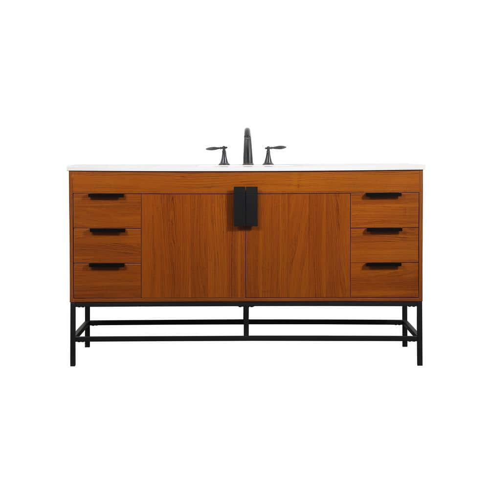 Timeless Home 60 in. W x 22 in. D x 33.5 in. H Bath Vanity in Teak with Ivory White Quartz Top