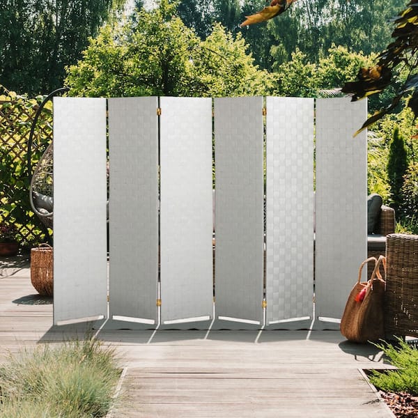 Oriental Furniture 6 ft. White 6-Panel Tall Woven Fiber Outdoor All Weather Room Divider