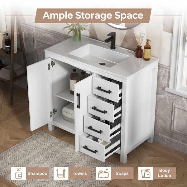 Raven 37 in. Single Sink White Bath Vanity with White Engineered Solid Surface Top and 4 Drawers (Unassembled)