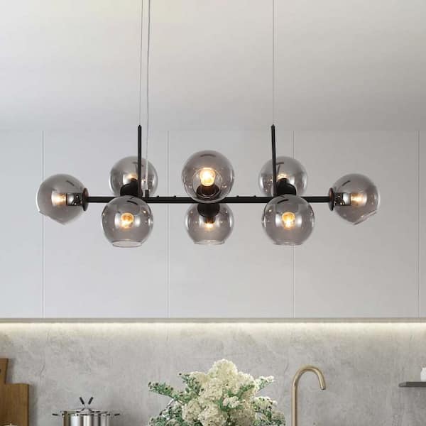 HUOKU REVERSO 8-Light 39.37 in. W Black Chandelier with Smoked Glass Linear Chandelier for Living Room