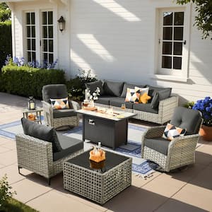 Holston 9-Piece Wicker Modern Outdoor Patio Metal Fire Pit Conversation Sofa Set with Swivel Chairs and Black Cushions