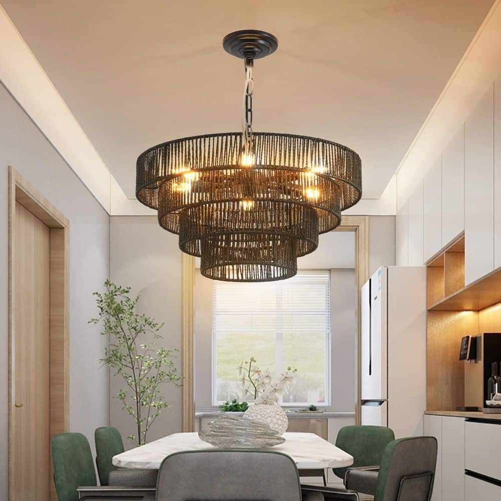 ＲaＲa専用 Byteany 6 Light Black Woven Hemp Rope Chandelier for Living Room
