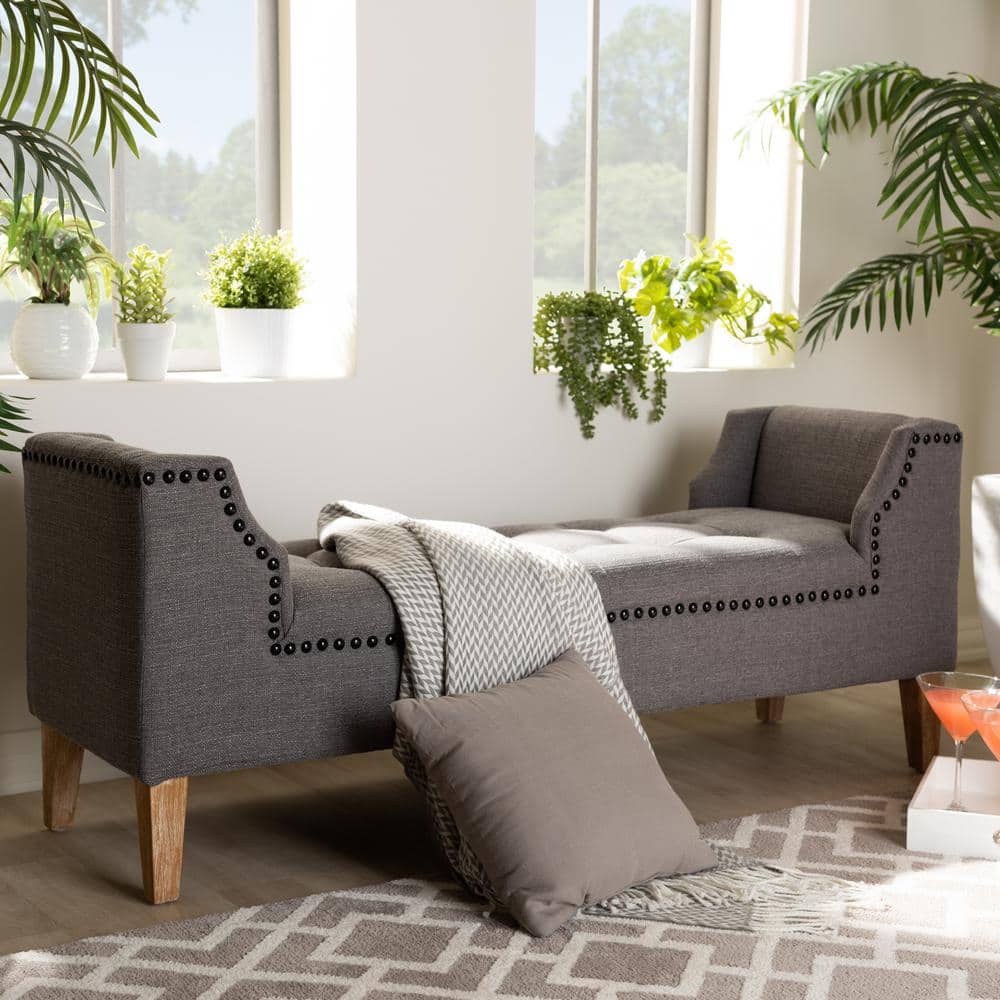 Gray Linen Upholstered Oak Wood Bench with Tapered Legs