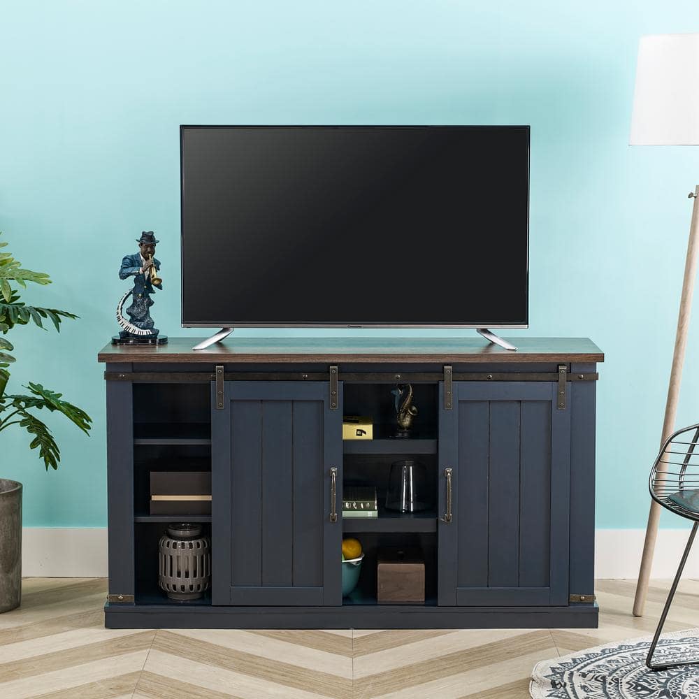 Navy 59'' Engineered Wood TV Stand with Sliding Barn Door