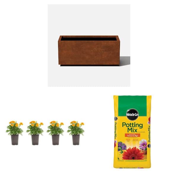 Corten Steel Rectangular Planter, 1.38 Pt. Marigold Plant (4-Plants) and 50 qt. Potting Mix Combo