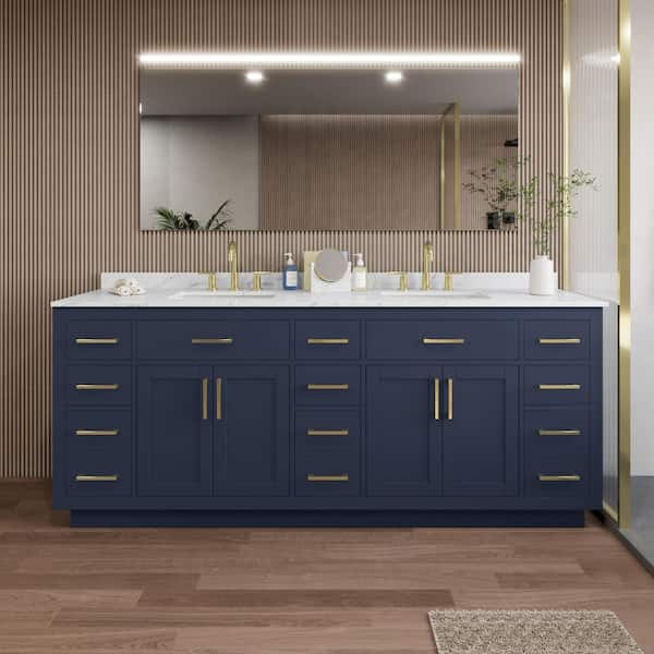 Wyndham Collection Beckett TK 84 in. W x 22 in. D x 35 in. H Double Sink Bath Vanity in Dark Blue with Brushed Gold Trim Giotto Quartz Top