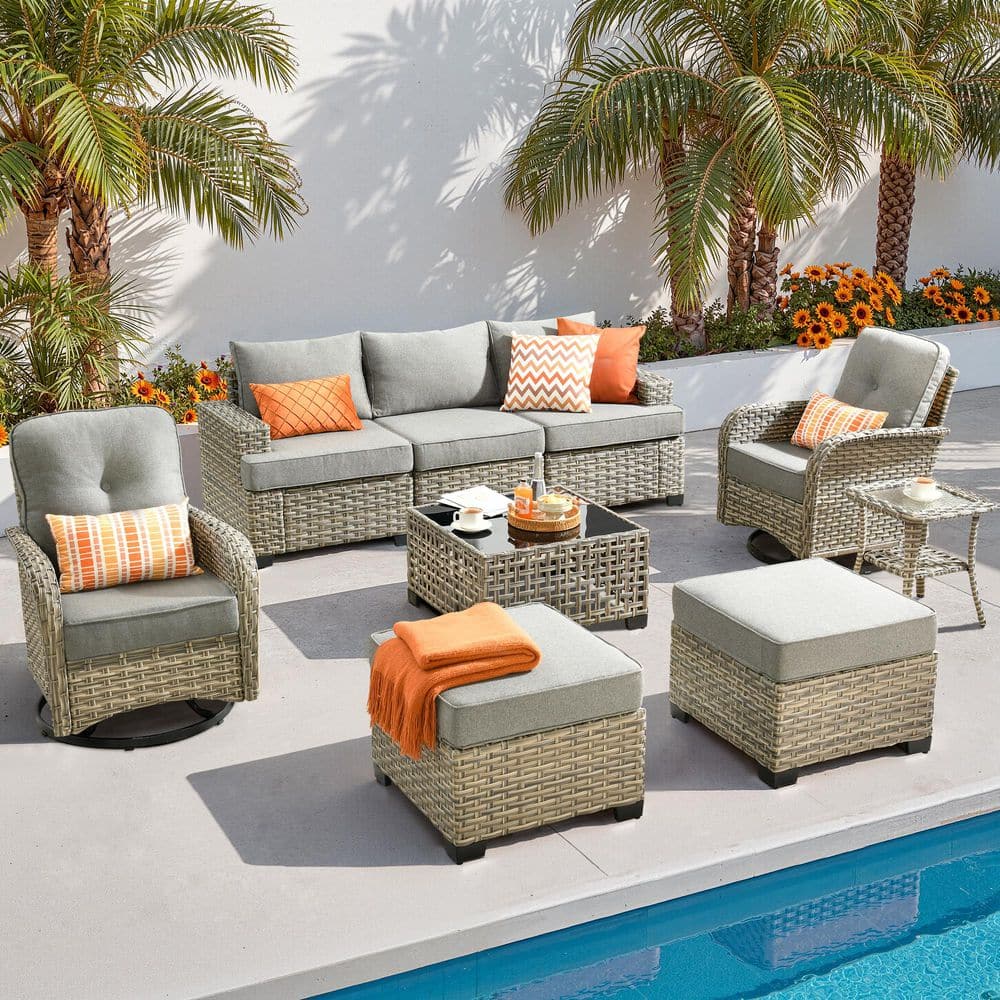 Solarium 9 Pieces Wicker Outdoor Patio and Swivel Rocking Chairs with Dark Gray Cushions