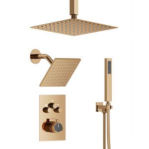 Thermostatic 7-Spray Square Dual Shower Head Shower System with High Pressure 2.5 GPM in Rose Gold (Valve Included)