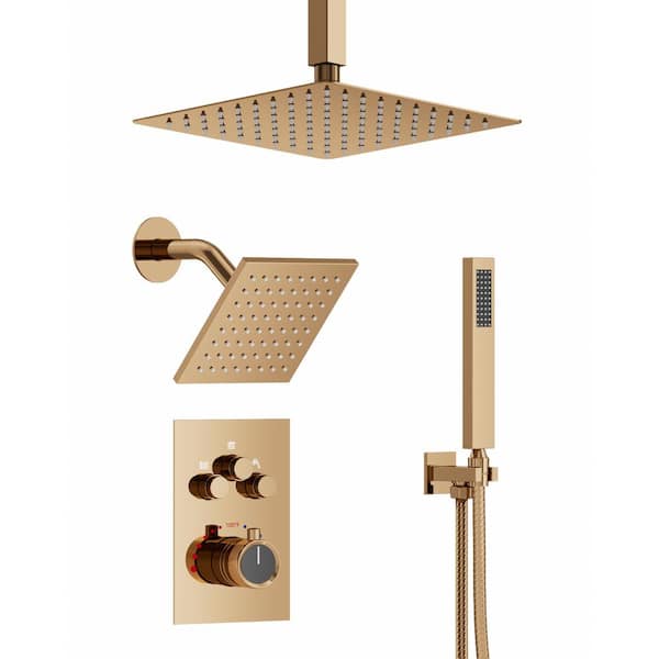 CRANACH Thermostatic 7-Spray Square Dual Shower Head Shower System with High Pressure 2.5 GPM in Rose Gold (Valve Included)