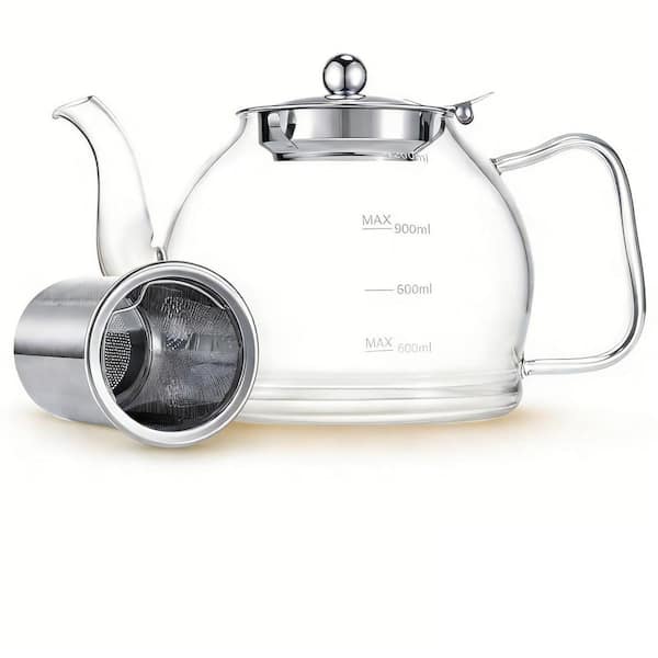 6-Cup Glass Tea Pot with Infuser for Blooming and Loose Tea, Tea Kettle with Scale Line, Stovetop Safe