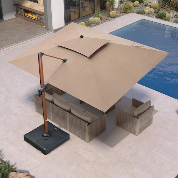 9 ft. x 12 ft. Sunbrella Aluminum 360° Rotation Wood Pattern Cantilever Patio Umbrella with Base in Deep Spectrum Sand