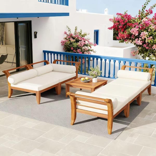 6 of Pieces Acacia Wood Outdoor Sectional Set with Beige Cushions, Tea Table, Ottoman, Corner Sofa, Armless Chairs