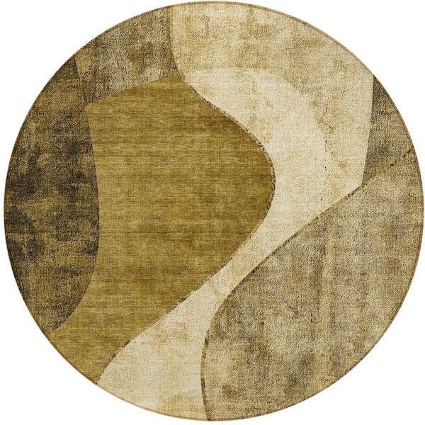 Brown, Beige, Ivory 8 ft. Round Woven Abstract Polyester Round Indoor/Outdoor Area Rug