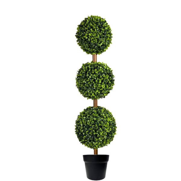 3 ft. Artificial Triple Ball Tree with 0. 5in Planter Pot, Faux Boxwood Topiary for Porch, Front Door, Garden Decor