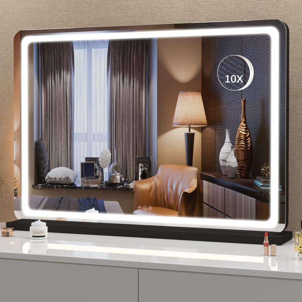 22 in. W x 32 in. H Rectangle Round Black Frame Vanity Mirror with Lights, 