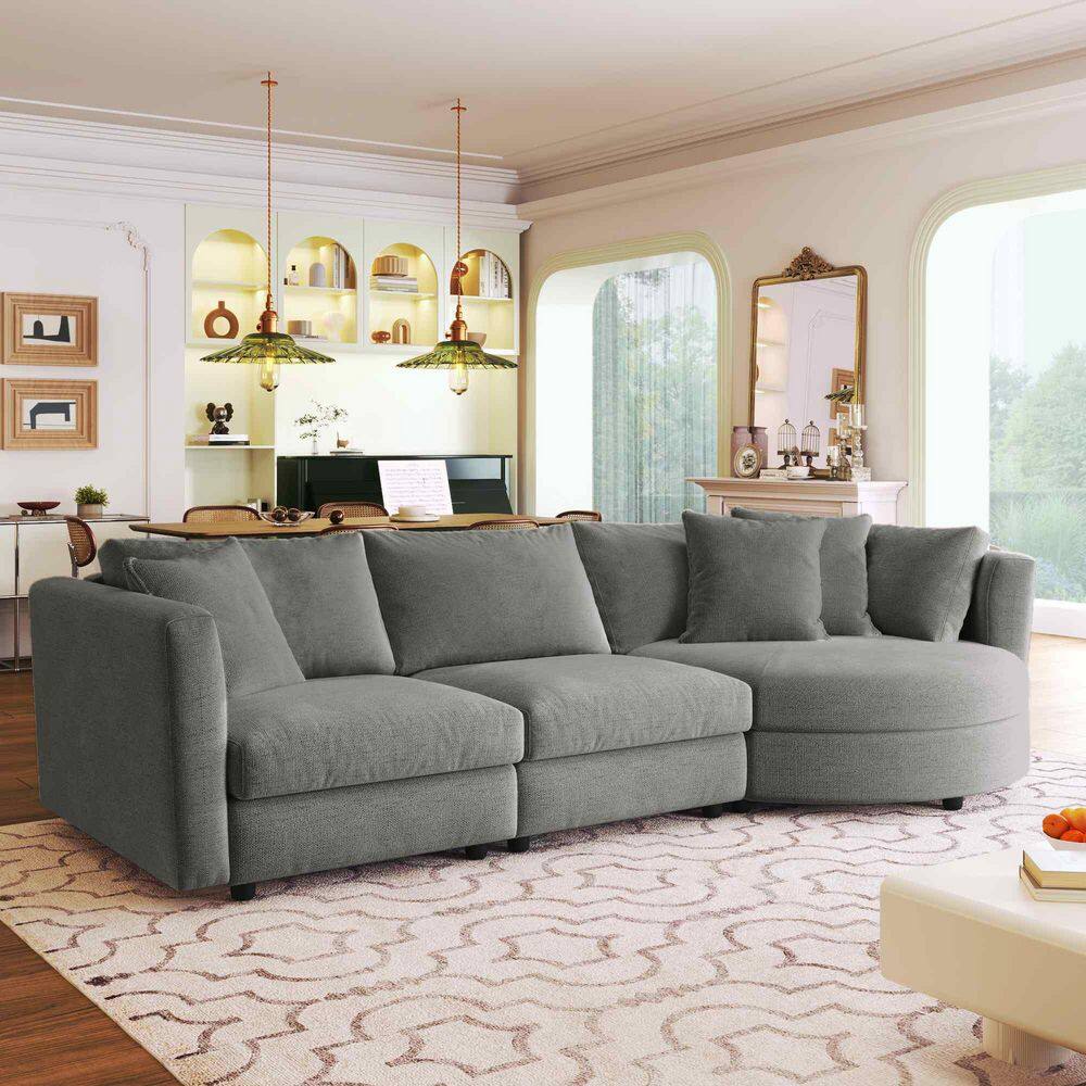 111.4 in. Square Arm Polyester Sectional Sofa with 3 Pillows and Curved Seat in Gray