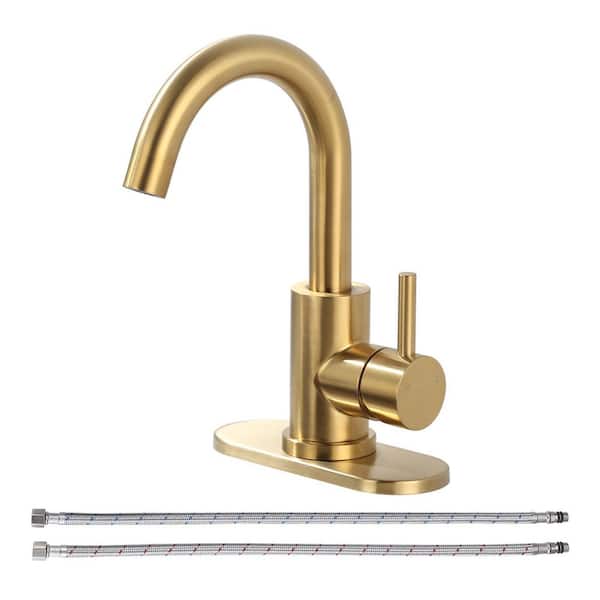 Single Hole Single Handle Stainless Steel Bar Faucet with Swivel Spout and Deckplate in Brushed Gold