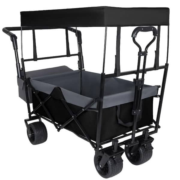 5.4 cu. ft. Steel Utility Wagon Garden Cart with Removable Tail Cargo Bag, Canopy, Push Handle, in Black